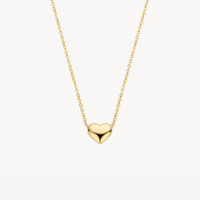 14k geelgouden ketting met fijn schakel en hartvormige hanger.