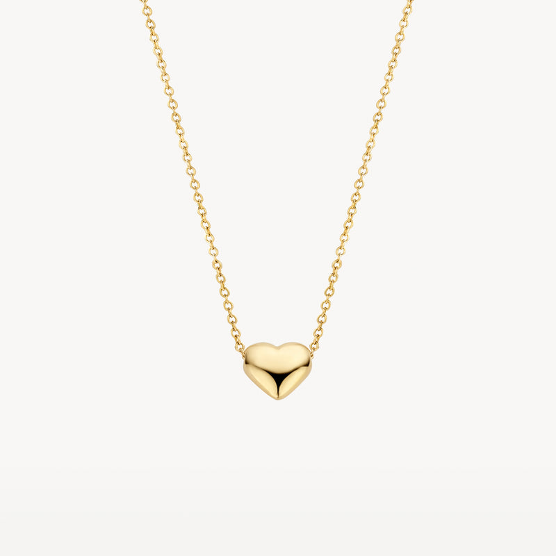 14k geelgouden ketting met fijn schakel en hartvormige hanger.