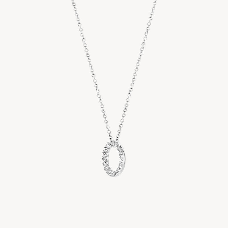 14k witgouden ketting met ovale hanger bezet met zirkonia's in bicolor goud.