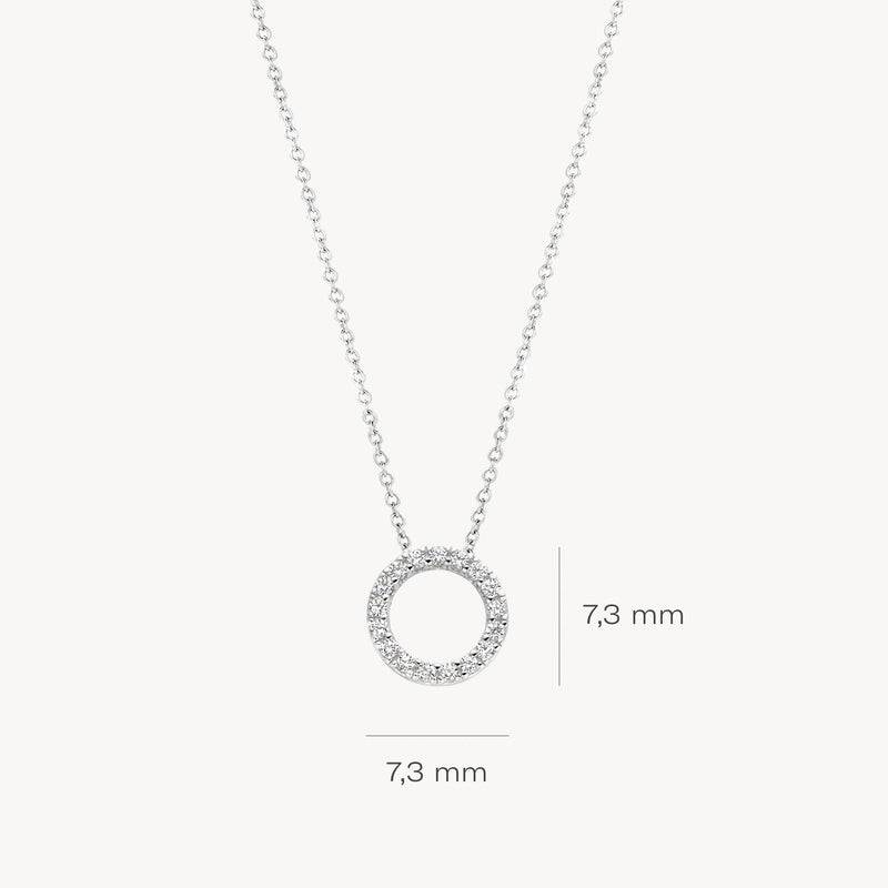 Zilverkleurige 14k witgouden ketting met cirkelvormige hanger bezet met zirkonia van 7,3 mm.