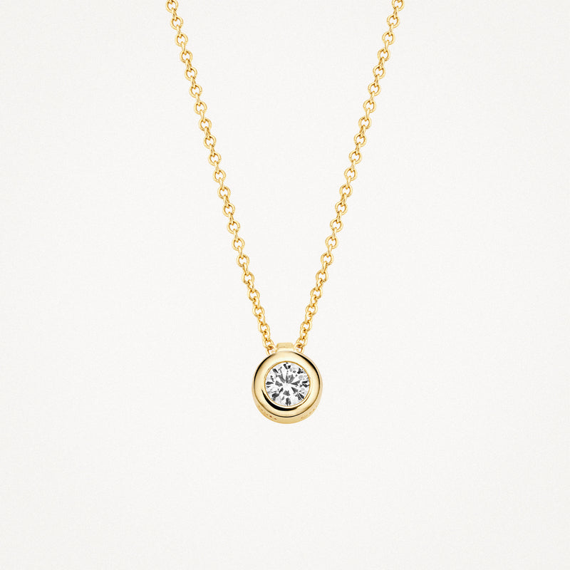 14k geelgouden ketting met ronde zirkonia hanger en fijne schakels.
