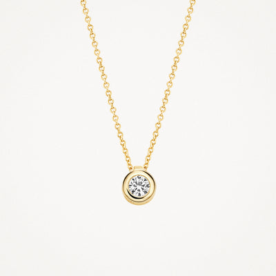 14k yellow gold necklace with round Zirconia pendant and fine links.