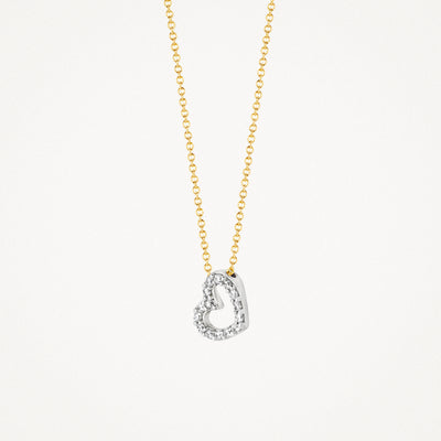 Bicolor gouden ketting met hartvormige hanger van 14k wit goud en geel goud met zirkonia's.