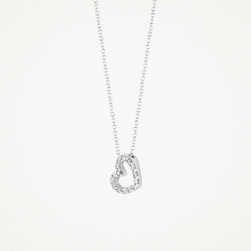 Bicolore ketting met open hartvorm van 14k wit goud en kleine zirkonia's.