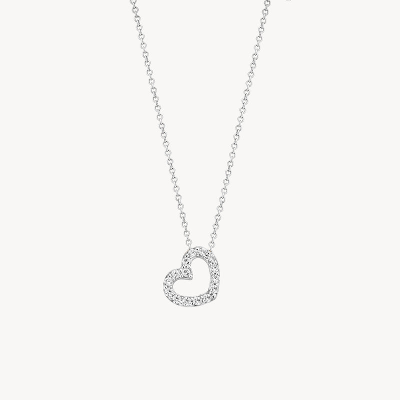 Collier en or blanc 14k avec pendentif en forme de cœur ouvert et zircone en grappe.