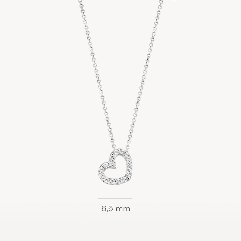 14k witgouden hartketting met fonkelende zirkonia's, hanger 6,5 mm.