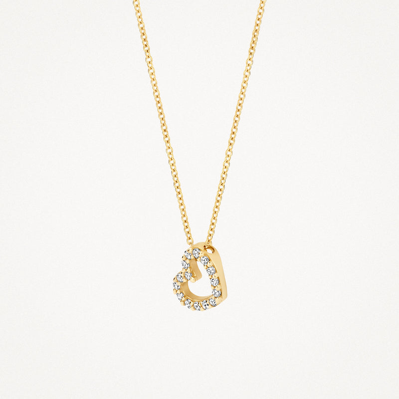 14k geelgouden schakelketting met hartvormige hanger en zirkonia stenen.