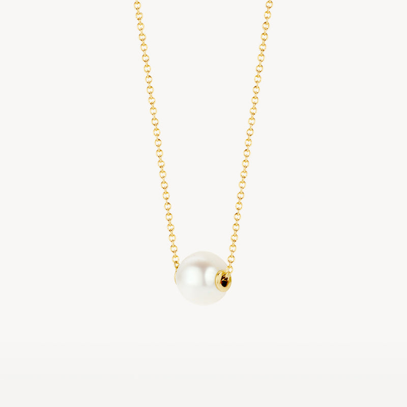 14k gouden ketting met enkele witte parel aan fijne schakelketting.