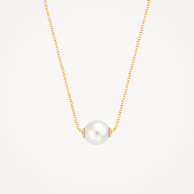 14k yellow gold necklace with round white pearl center.