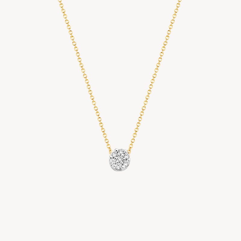 Bicolor ketting met 14k geel goud ketting en rond witgouden hanger met zirkonia.