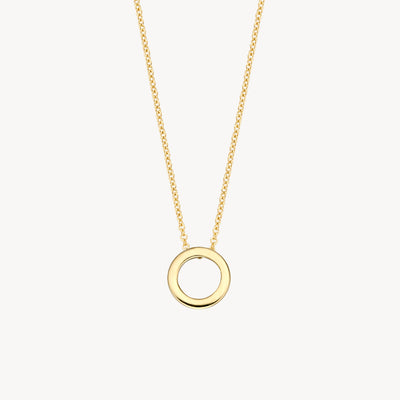 Cirkelvormige hanger aan fijne ketting van 14k geelgoud, minimalistisch design.