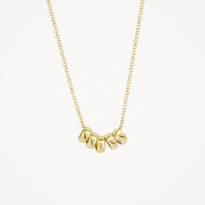 14k goud ketting met vijf gebogen glanzende schakels en fijne schakelketting.