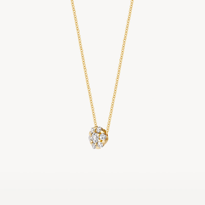 14k geelgouden ketting met ronde zirkonia hanger en fijne schakelketting.