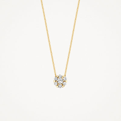 14k geelgouden ketting met fonkelende zirkonia hanger in bloemvorm.
