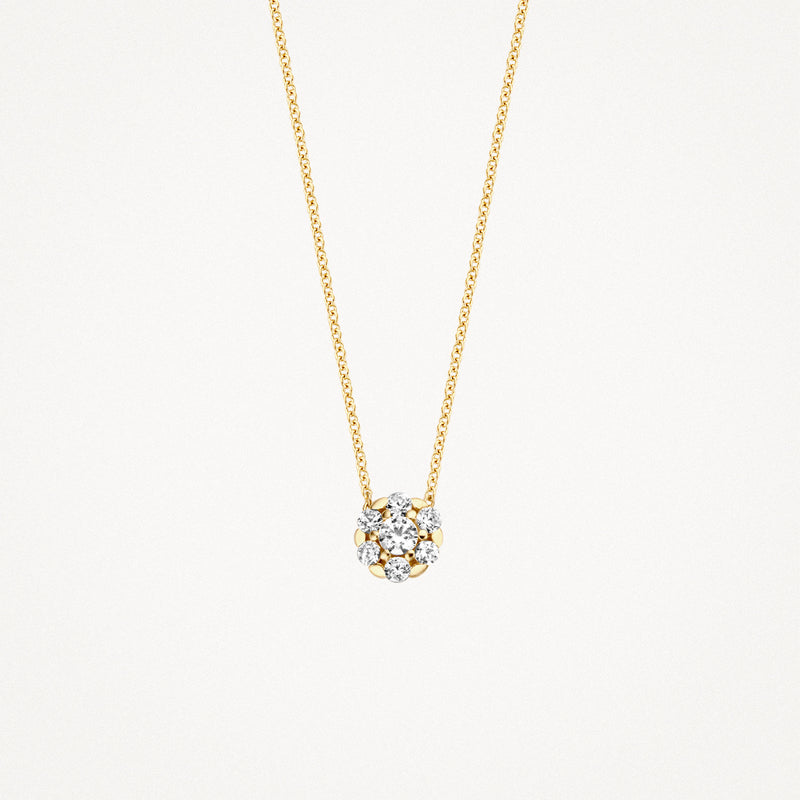 14k geelgouden ketting met fonkelende zirkonia hanger in bloemvorm.