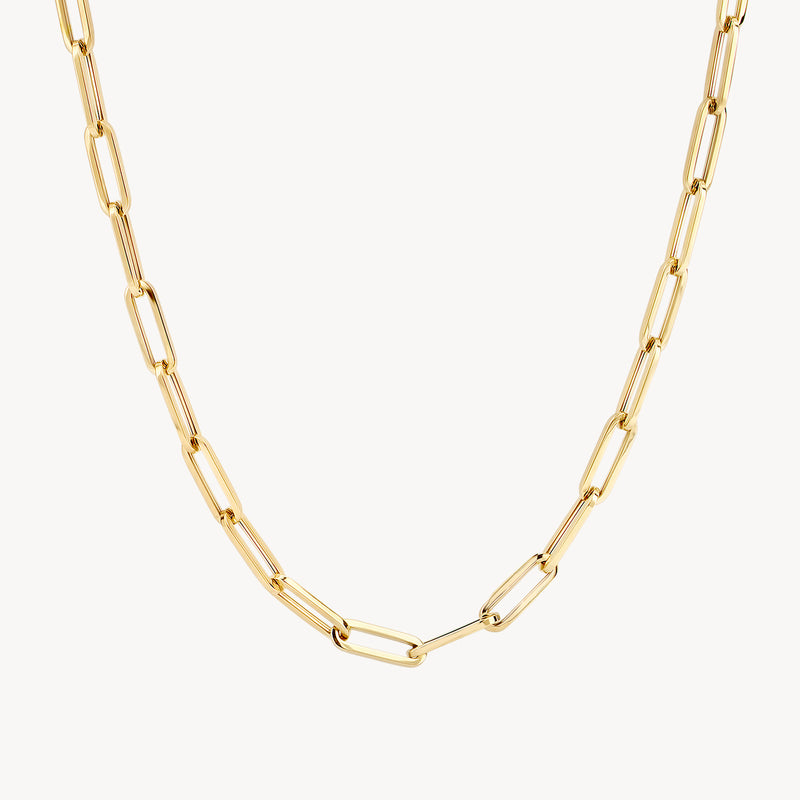 14k geelgouden ketting met grove ovalen schakels en gladde afwerking.
