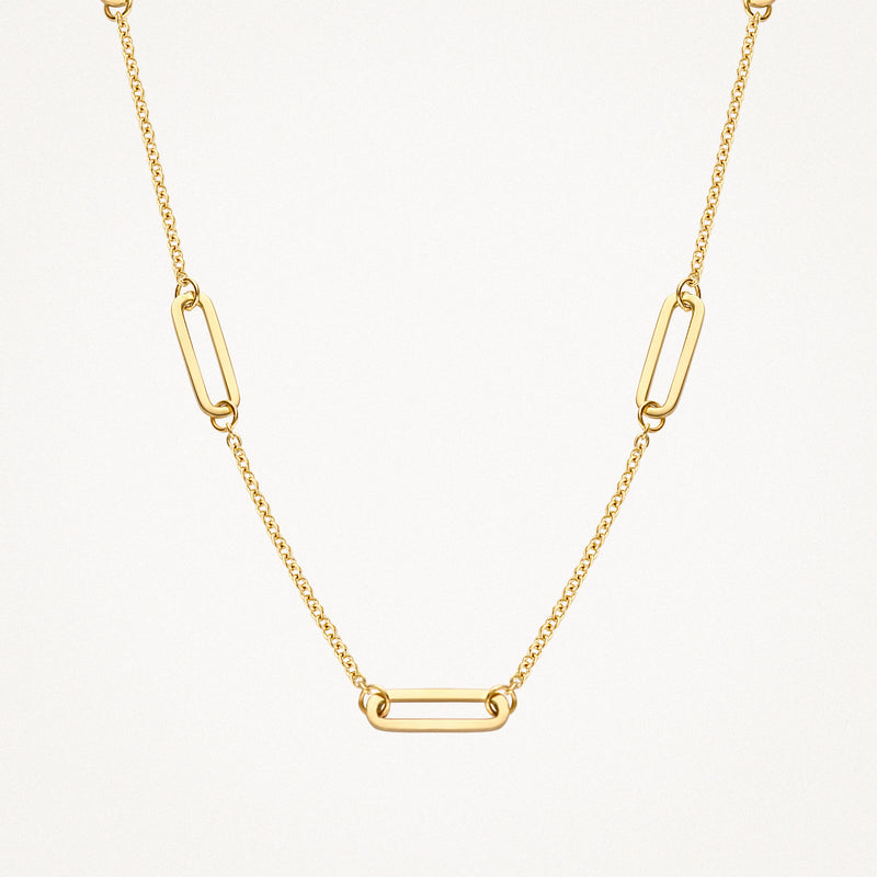 14k geelgouden ketting met grove schakels en delicate verbindingsstukken.