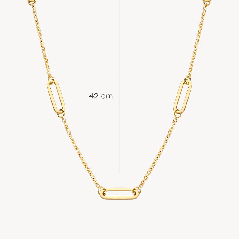 14k geelgouden ketting met grove schakels en lengte van 42 cm.