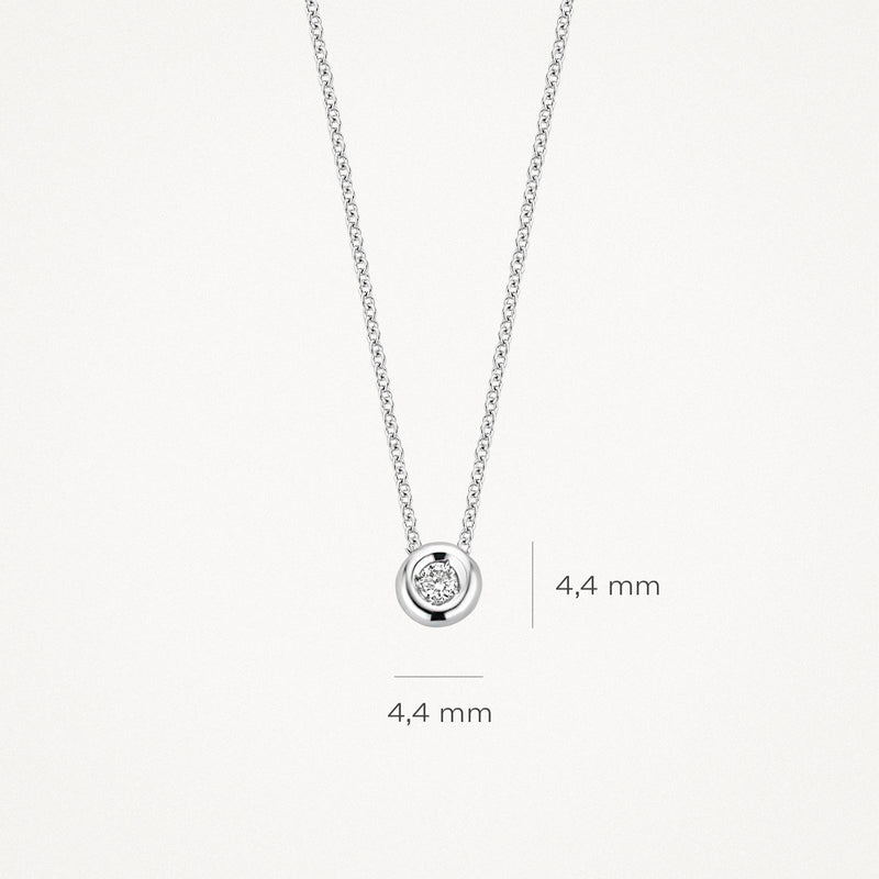 14k wit goud collier met ronde diamant en fijne schakels, hanger 4.4 mm diameter.