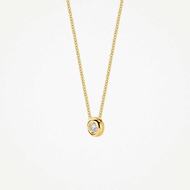 14k geelgouden collier met ronde diamant in gesloten zetting.
