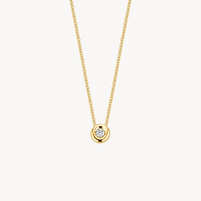14k geelgouden collier met fijne schakel en solitaire diamant hanger.