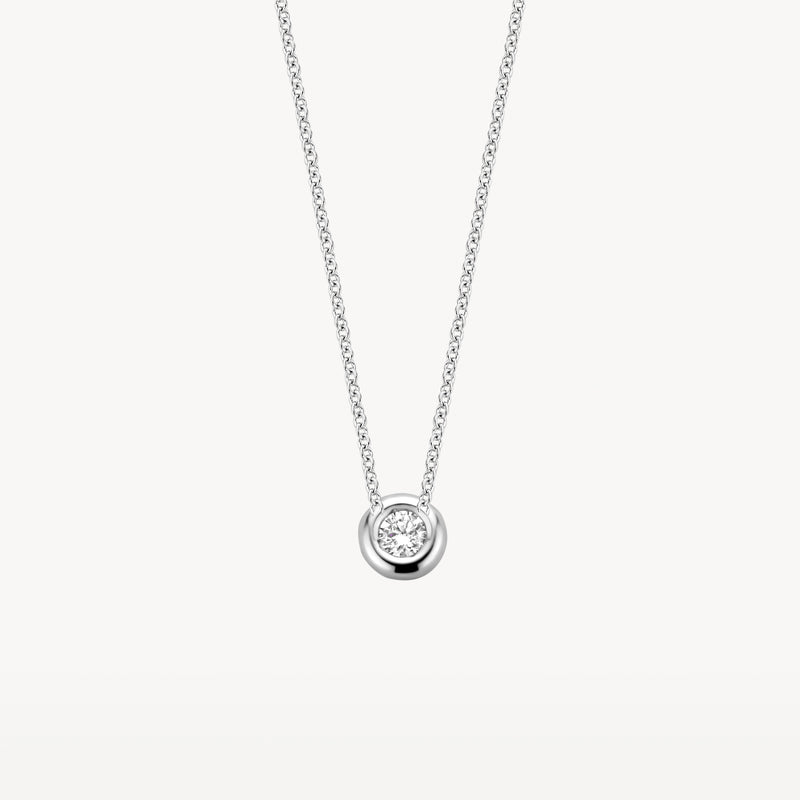 14k wit gouden collier met een enkele ronde diamant centraal geplaatst.