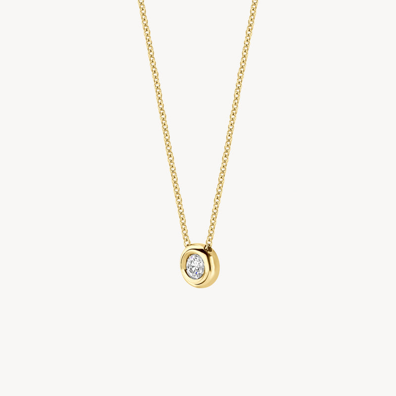 14k geelgouden collier met ronde natuurlijke diamant in zetting.