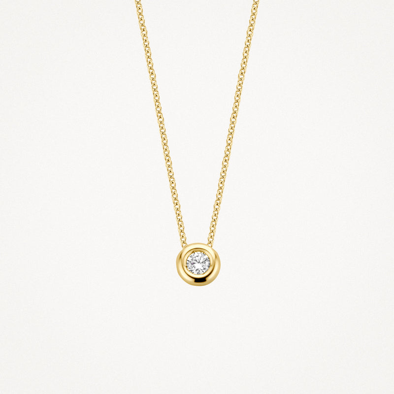 14k geel goud collier met ronde diamant en fijne schakelketting.