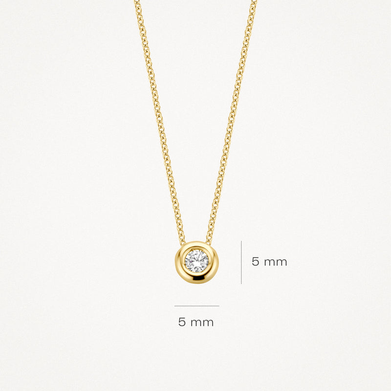14k geel goud collier met ronde diamanten hanger en fijne schakelketting.