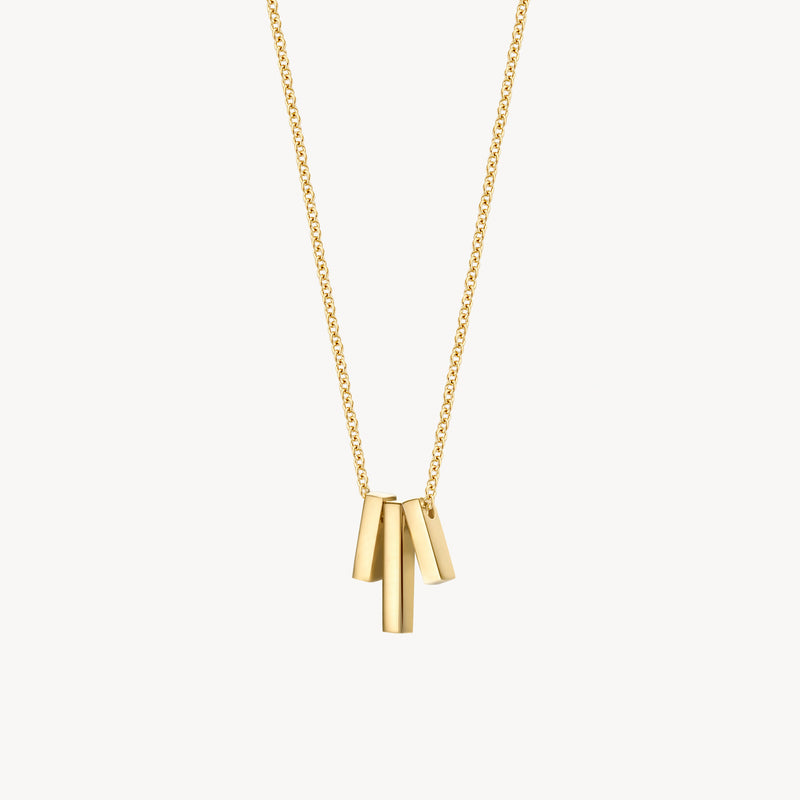 14k geelgouden ketting met dunne schakels en drie buisvormige hangers.