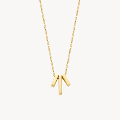 14k goud ketting met fijne schakel en drie verticale balkjes hanger in geelgoud.
