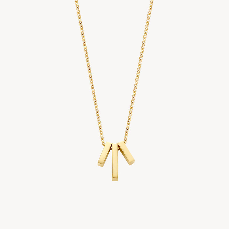 14k goud ketting met fijne schakel en drie verticale balkjes hanger in geelgoud.