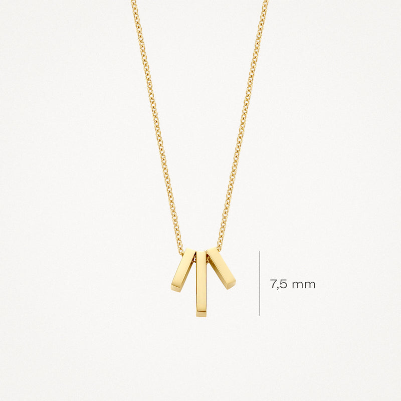 14k geelgouden ketting met fijne schakel en drie verticale balkjes van 7,5 mm.