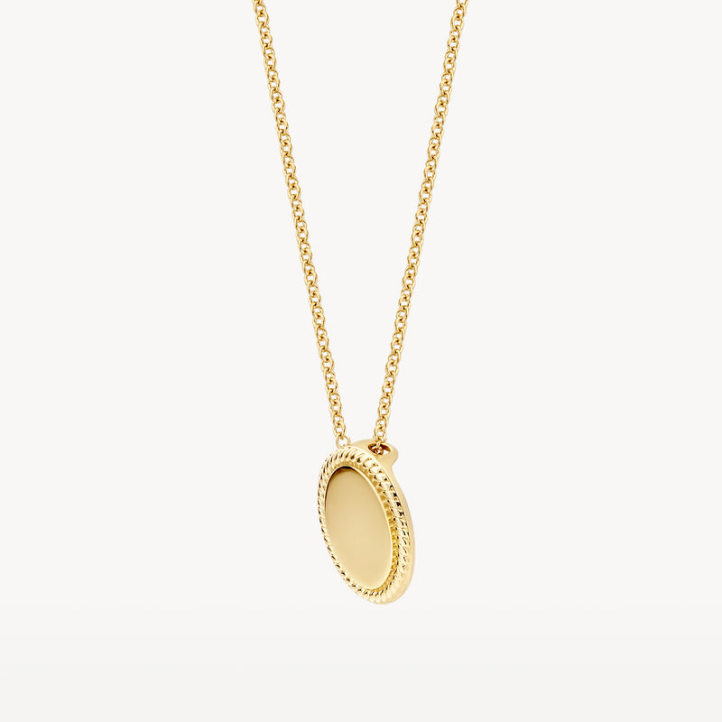 14k goud ketting met fijn schakelde montuur en ovaal hanger.