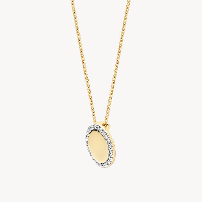 14k geelgouden ketting met ovale hanger en zirkonia rand in bicolor goud.