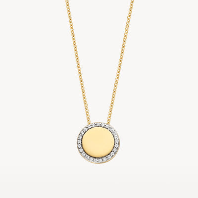 Bicolor gouden ketting met ronde hanger van 14k goud en witgouden zirkonia rand.