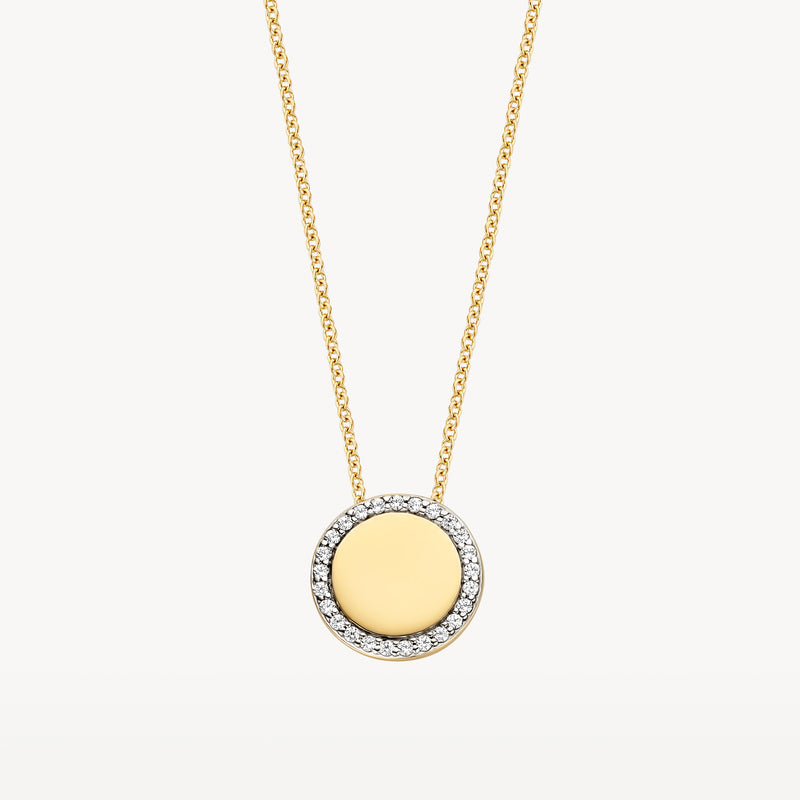 Bicolor gouden ketting met ronde hanger van 14k goud en witgouden zirkonia rand.