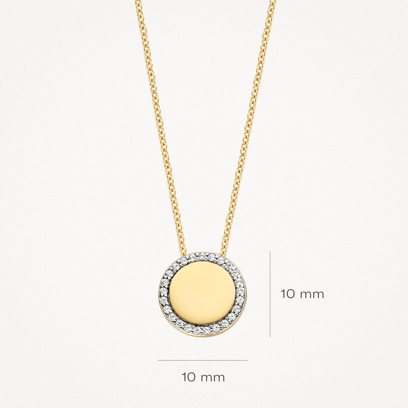 Ronde 14k Geelgoud ketting met fijne schakel en zirkonia rondom hanger van 10 mm.