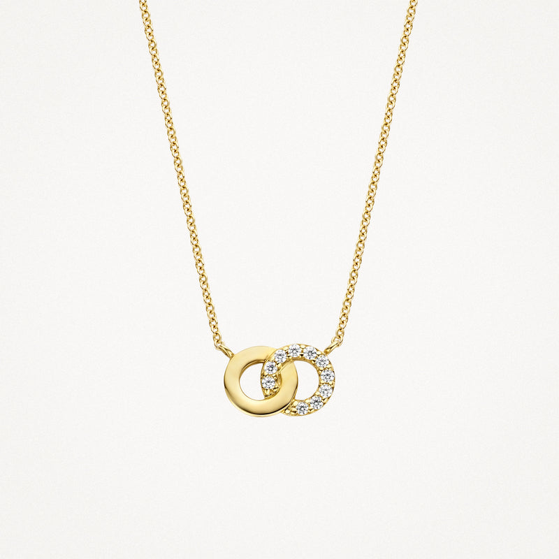 14k geelgouden ketting met fijne schakel en dubbele cirkel hanger met zirkonia's.