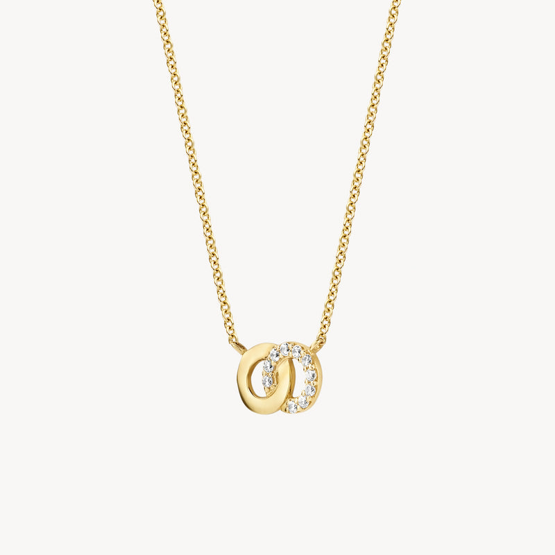 14k geelgouden ketting met fijne schakel en cirkelhanger met zirkonia’s.