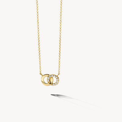 14k geelgouden ketting met fijn geschakeerde ketting en bicolor gouden dubbele ronde hanger met zirkonia.