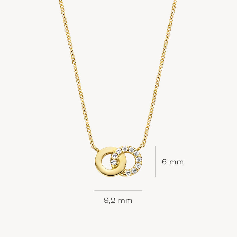 14k geelgouden ketting met twee verbonden cirkels en zirkonia's, 9,2x6 mm.