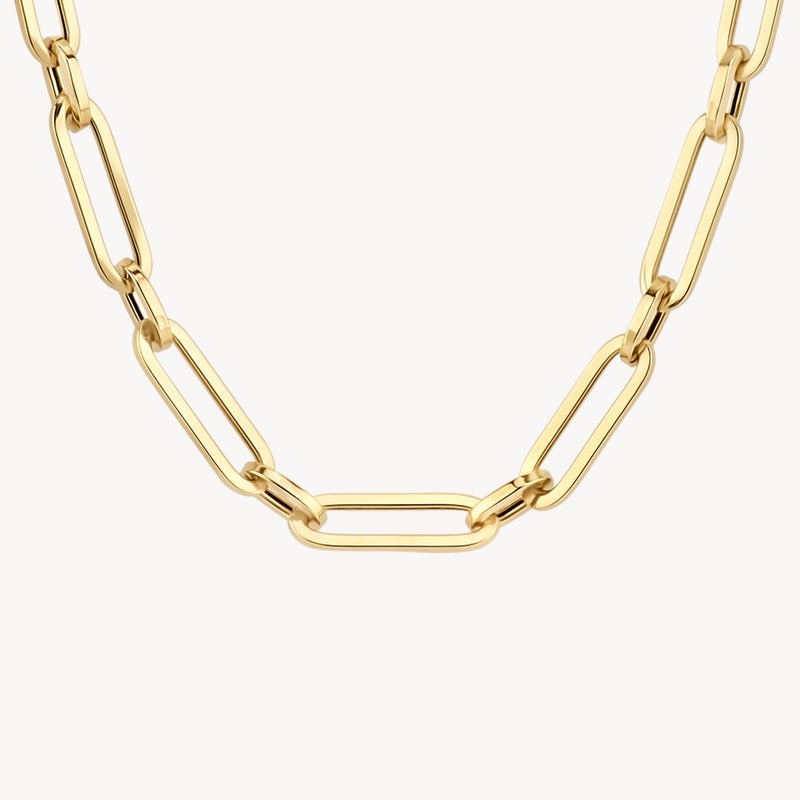 Grof geschakelde ketting in 14k geel goud met ovale schakels.