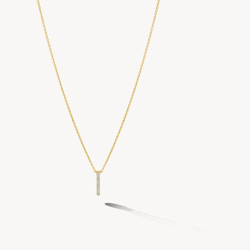 Ketting van 14k geel goud met verticale zirkonia hanger en fijne schakelketting.