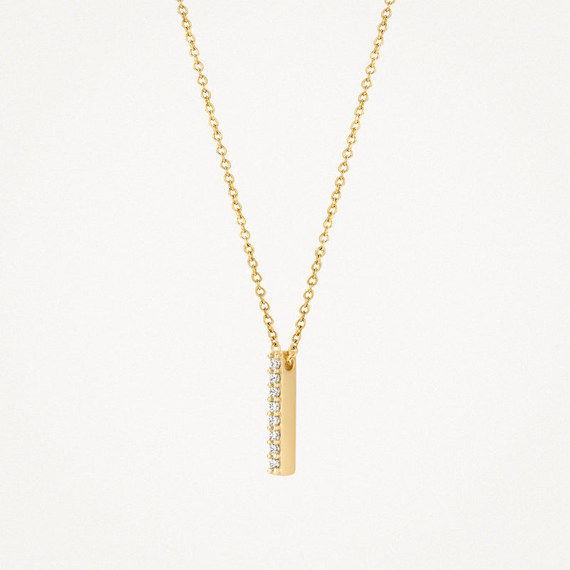 14k geelgouden ketting met verticaal hangend staafje bezet met zirkonia's.