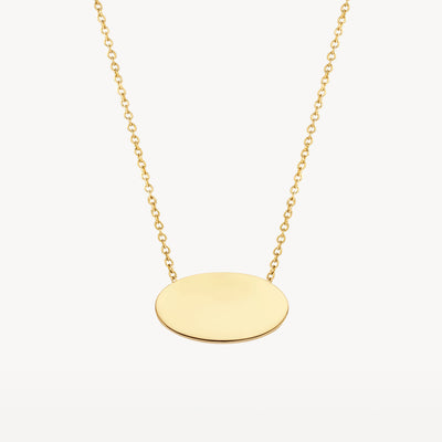 14k geelgouden ketting met gladde ovale hanger en fijne schakelketting.