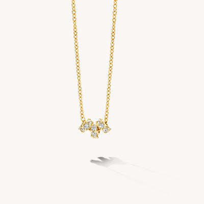 Necklace of 14k yellow gold with three shimmering Zirconia Pendants on fine chain.