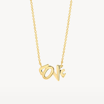 14k geelgoud ketting met 'love' hanger en fijne schakels.