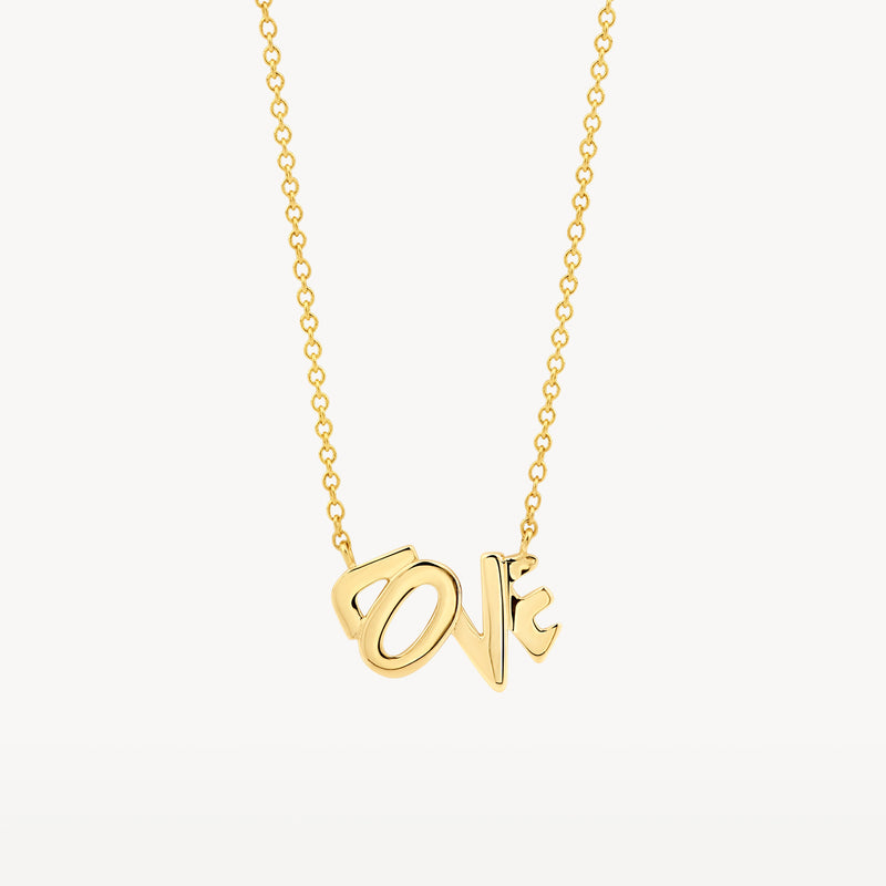 14k geelgoud ketting met 'love' hanger en fijne schakels.
