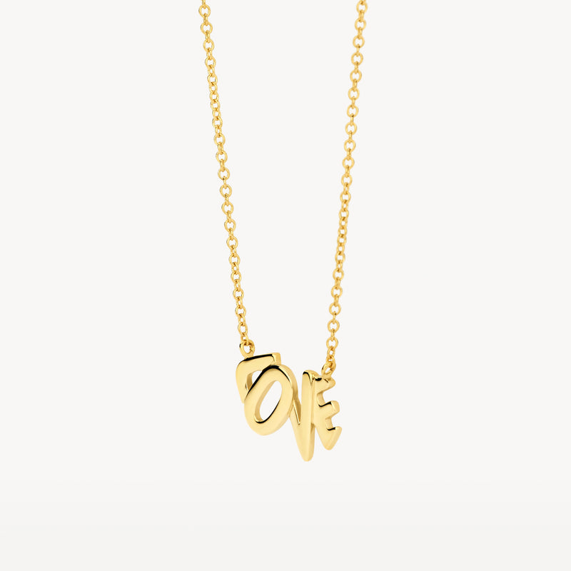 Ketting met hanger LOVE in 14k geelgoud en fijne schakelketting.